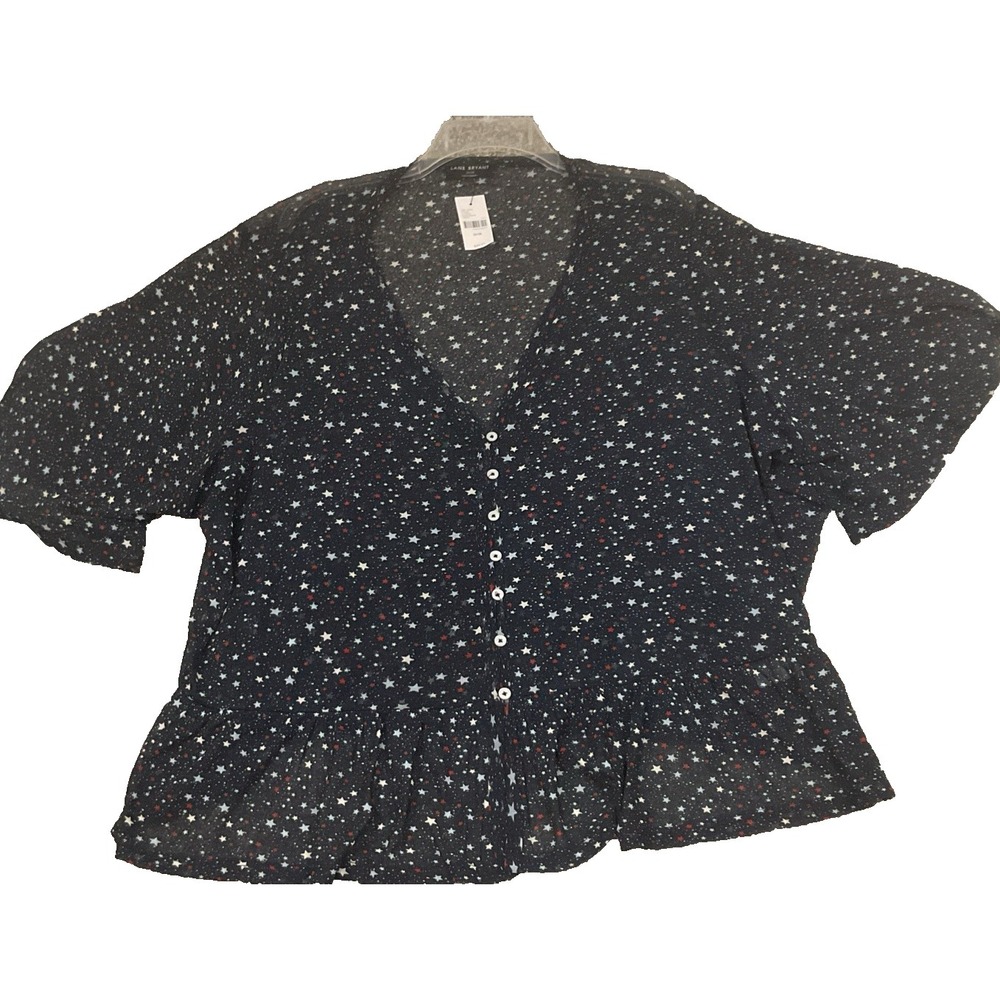 Lane Bryant Shirt Navy White Red Stars Sheer Button Front Blouse 26/28 NWT
